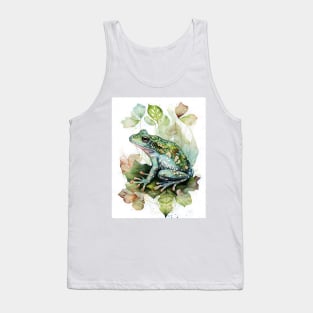 A Green Frog Sitting on a Leaf Watercolor Design Tank Top